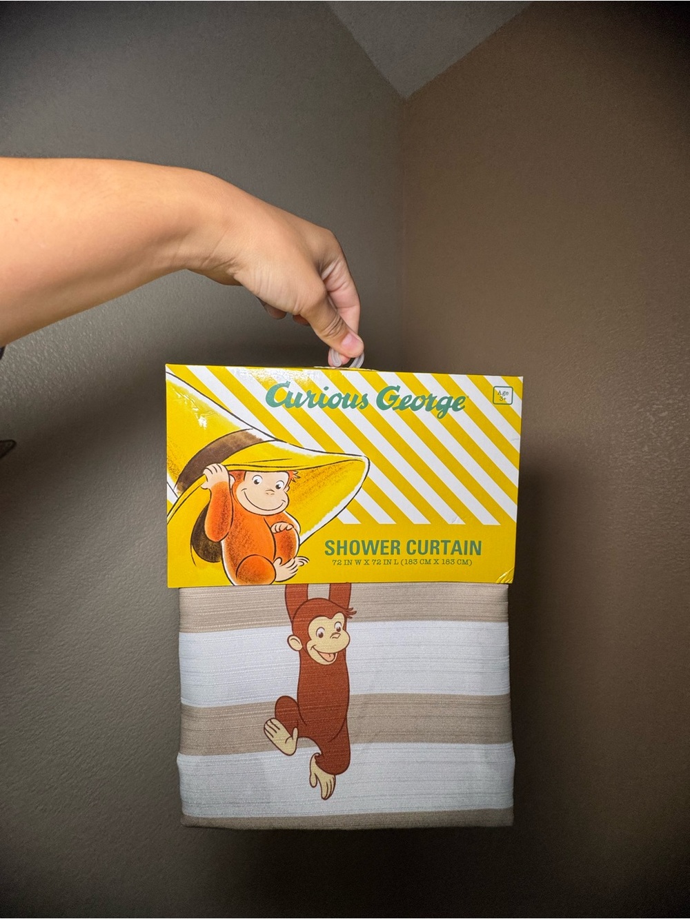 Curious George Beige & White Striped Kids Shower Curtain